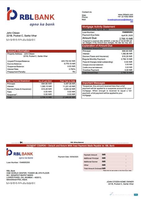 Download India RBL Bank mortgage statement Word and PDF template Photoshop template